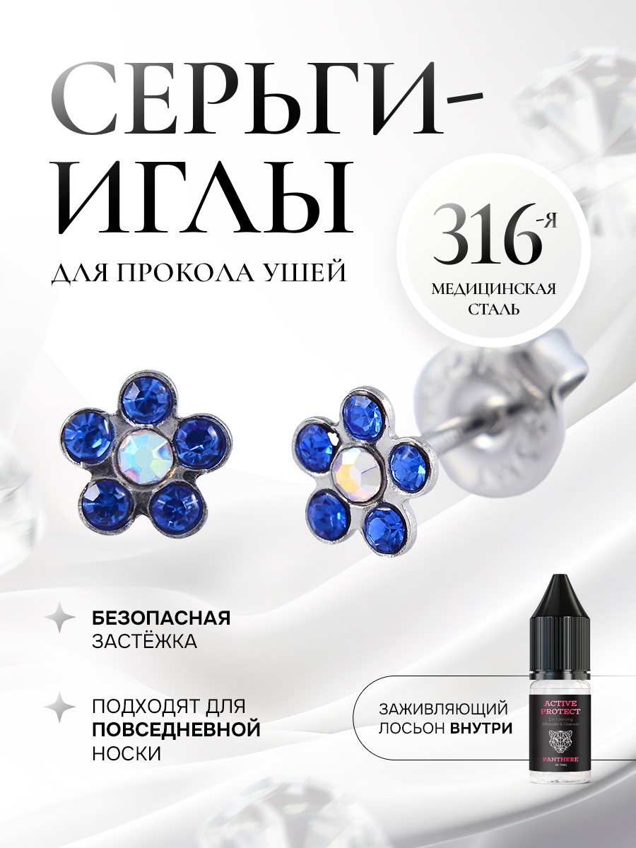 Daisy Blue Saphire Pearl 6 мм — серьги цветочки в серебре